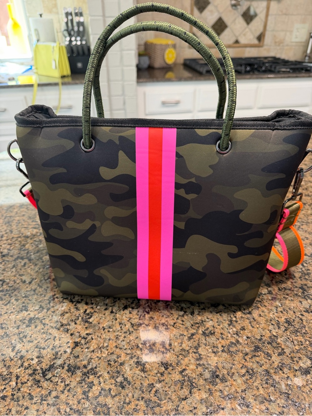 Haute Shore Greyson Showoff Neoprene Camo Tote Bag with Pink & Orange Stripe
